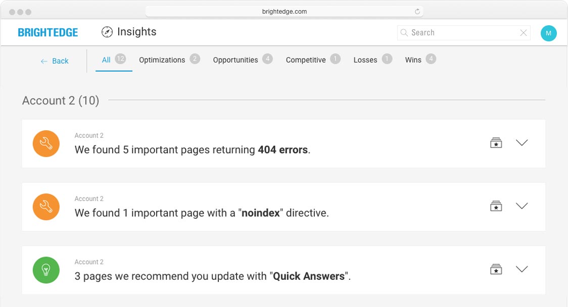 brightedge insights screenshot of all insights
