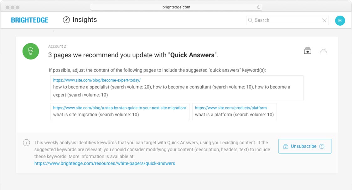 brightedge insights screenshot of recommended quick answers updates